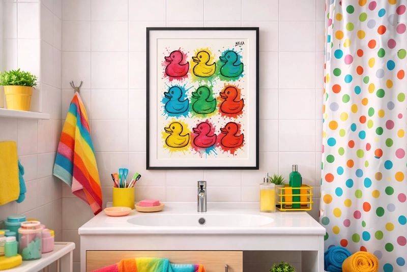 Affiches canards colorés dans une salle de bain